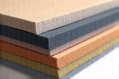 Vista sezionata di una carta da parati acustica che mostra gli strati fonoassorbenti interni.