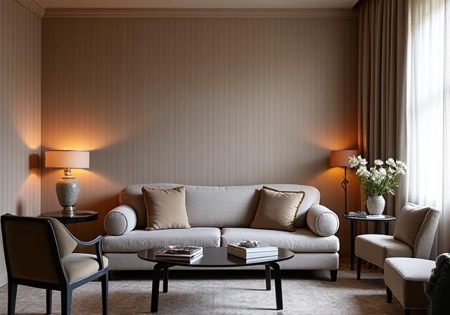 Elegante suite di un boutique hotel a Roma con carta da parati acustica dal design raffinato.