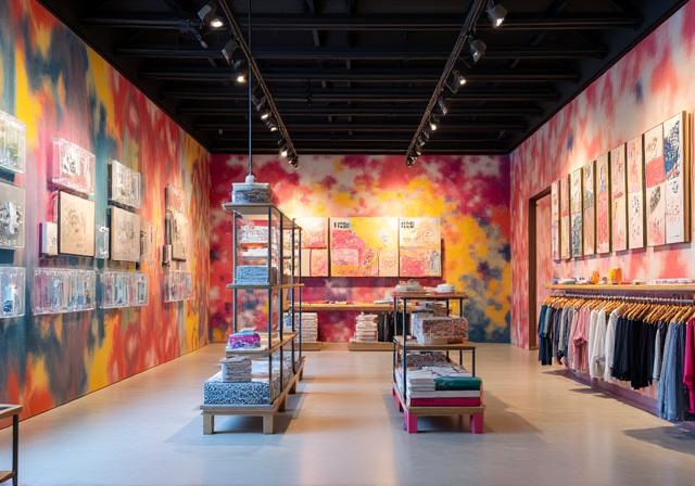 Interno di un concept store a Torino con una parete decorata da un vivace pattern astratto personalizzato.