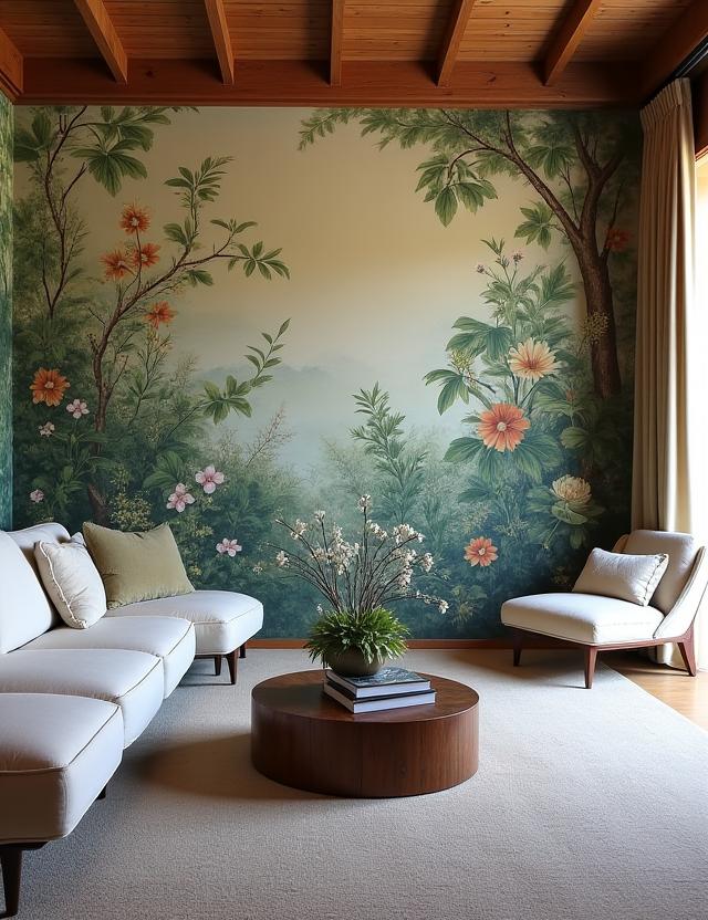 Magnifico murale botanico in un soggiorno di una residenza privata nel Chianti, Italia.